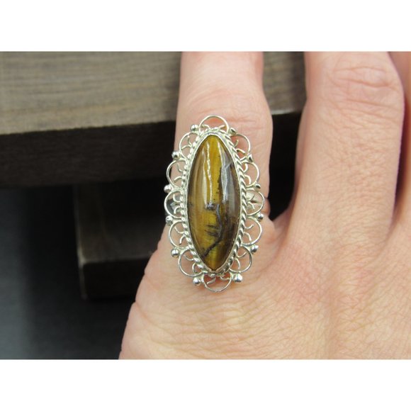Size 5.5 Sterling Silver Fancy Long Tiger's Eye Stone Band Ring Vintage - Picture 3 of 7